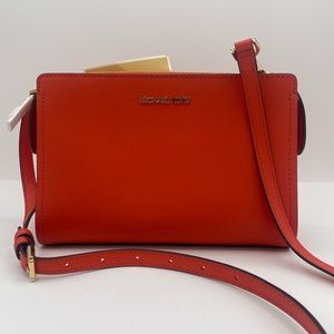 (NEW) Michael Kors OrangeLeather Messenger Purse Leslie Mandarin